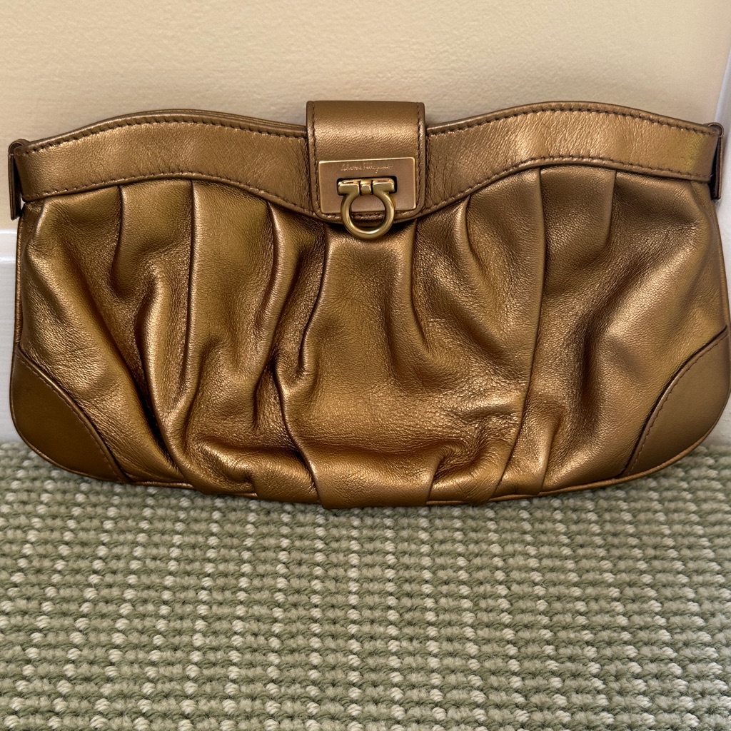 Gold Ferragamo Leather Clutch Bag